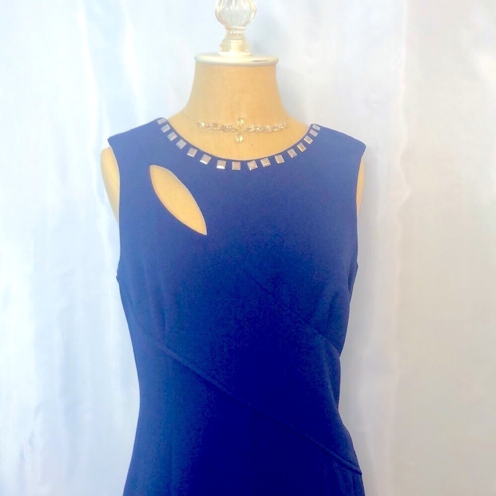 Adrianna Papell Navy Blue Studded Neckline Sleeveless Cocktail Dress Size 4 - Picture 3 of 15
